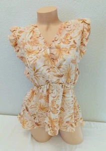 Versona Blumenmuster Pfirsich Orange Braun Rüschen Cinch Taille Wickelbluse Top Medium M - Bild 1 von 6