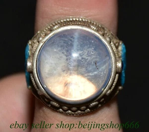 1,2 Zoll alter chinesischer runder Ring Statue Silber Emaille Kristall Edelsteine Fengshui Schmuck - Bild 1 von 8
