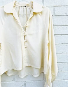 VINTAGE Beige Peasant Neck Tie Easy Chic Boho Blouse Top Small - Picture 1 of 4