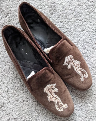 ВИНТАЖНЫЙ POLO Ralph Lauren PANTHER STITCH ELLIOTT коричневый бархат тапочки туфли мужчин 7,5 D - Изображение 1 из 4