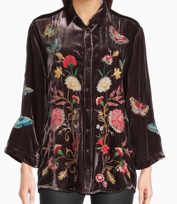 Johnny Was Small Floral Embroidered Velvet Kimono Sleeve Blouse Coffee Bean NWT - Image 1 of 4