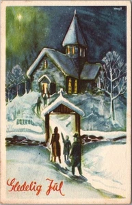 Artist-Singed CHRISTMAS Postcard Church Scene "Gledelig Jul" 1951 Norway Cancel - Picture 1 of 2