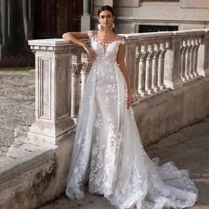 Detachable Train Wedding Dress Sweetheart Appliques 3D Flower Mermaid Bride Gown - Picture 1 of 12