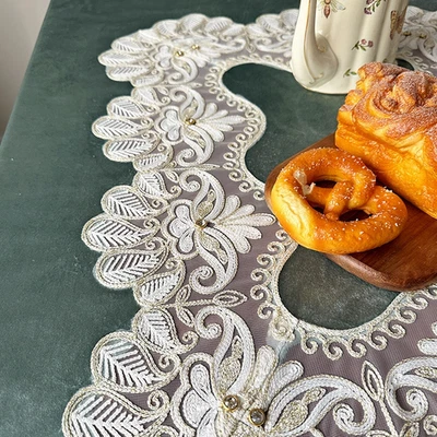 Lace Trimmed Flannel Dustproof Tablecloth for Coffee and Dining Table Use - Image 1 of 4