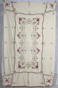 Vintage French Beautiful Floral Hand Embroidered Tablecloth Bedspread 250x156 cm - Picture 1 of 20