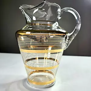 Vintage Fine Glass Gold Stripe Art Deco Water Pitcher Summer Décor Clear 10in - Picture 1 of 5