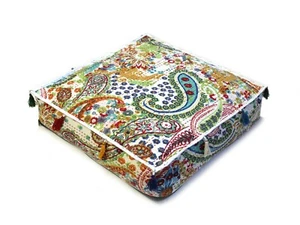 22" Inches White Base Multi Paisley Cotton Cushion Cover Floor Pillow Indian - Picture 1 of 5