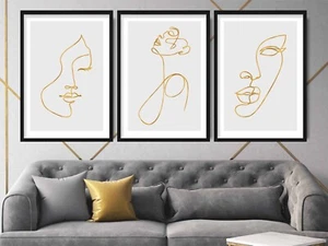 Elegant Gold Effect Line Art - Set of 3 Female Faces Modern Art Prints - Picture 1 of 5