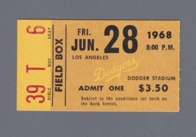 June 28, 1968 LA Dodgers Ticket Stub vs. Braves   Hank Aaron Hits Home Run #496 - Image 1 of 2