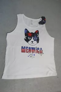 Girls WHITE TANK TOP Patriotic Cat MEOWICA Bow Accent RED BLUE STARS Size S 6-6X - Picture 1 of 1