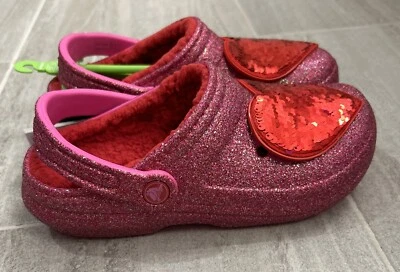 Zueco Crocs Clásico Forrado Rosa Brillo Corazón Día de San Valentín Lentejuelas Mujer Talla 6 Foto 1 de 4