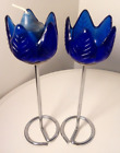 Vintage-Pair Blue glass flower candle holders-Metal stem Decorative+Free candles