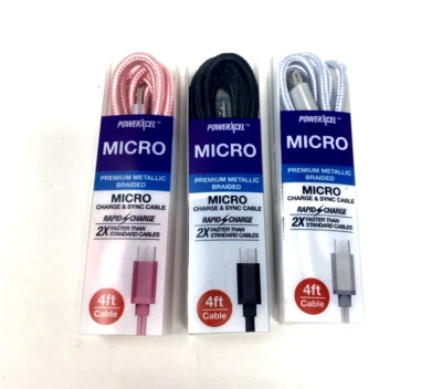 3 PCK PowerXcel BRAIDED 4ft Micro USB Cable FAST Charger Cord Rapid Charge Sync - Image 1 of 3
