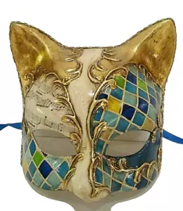 GATTO 1 FATTO A MANO IN ITALIA - MASCHERA FESTA GATTO FEMMINA, CARTAPESTA, BLU/ORO. - Foto 1 di 3