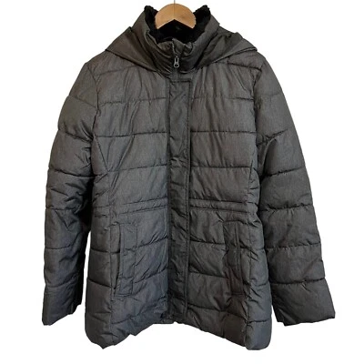Chaqueta con capucha GAP Factory Holiday Mid Puffer plateada brezo grande para mujer” Foto 1 de 4