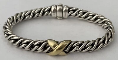 David Yurman Lyrica X Wheat 18k 925 Silver Chain Bracelet 750 Heavy 7.5” Long - Image 1 of 4