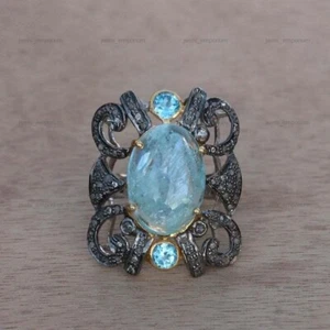 Anillo de boda de cóctel aguamarina ovalado natural de plata de ley 925 - Imagen 1 de 10