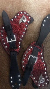 Custom Western Leather Spur Straps Silver Accents Skull Bling, Shiny Red New - Picture 1 of 8