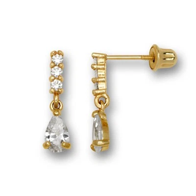14k Yellow & White Gold Flower CZ Dangle Stud Screw back Earrings for Girls - Image 1 of 4