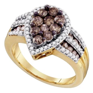 10kt Yellow Gold Womens Round Brown Diamond Teardrop Cluster Ring 1-1/2 Cttw - Picture 1 of 1
