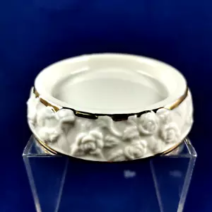 Porcelain Embossed Roses Candle Holder Trinket Dish Tray Gold Trim 3 in - Picture 1 of 6
