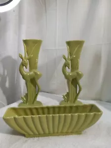 3 Stück Original Haeger Keramik Gazellen Vasen 12+" & Übertopf grün mit Etiketten MCM Set - Bild 1 von 24