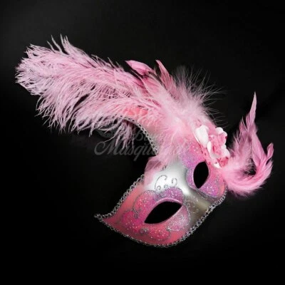 Feather Masquerade Party Mask Silver Pink M6131 - Image 1 of 4