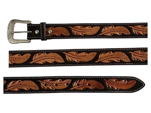 Western Ranger Hand Tooled Feathers Chestnut Brown Leather Belt Size 46 - Picture 1 of 2