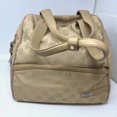 Tumi Small Carry On Overnight Bag Beige Logo Print Leather Handles Lock Tag - Image 1 of 4