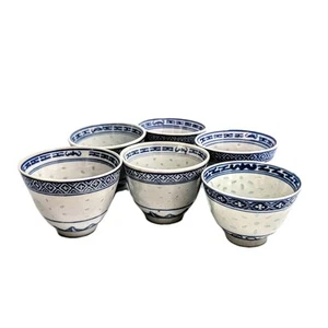 Chinese Blue White Rice Pattern Porcelain Vintage Tea Cups Set Of 6 - Picture 1 of 12