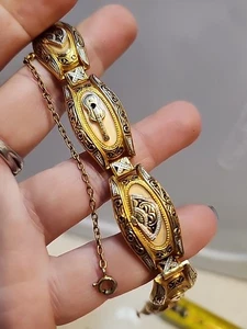 Vintage Damascene Link Bracelet Gold Tone Black Enamel Spain Guitar Fan - Picture 1 of 11