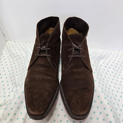 John Lobb Romsey 男式美国 8 码深棕色麂皮绒 10 月底 Chukka 靴子鞋带 — 第 1/4 张图片