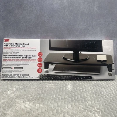 3M Adjustable Monitor Stand w/ 4-Port USB Hub, 21.6 in x 9.4 in, Black NEW - Image 1 of 4