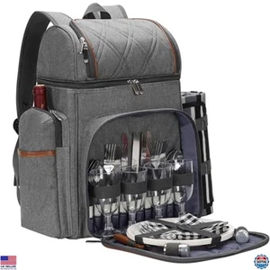Grauer Picknickrucksack für 4 - isolierte Kühlbox & Weintasche für Strand/Camping - Bild 1 von 6