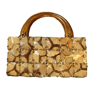 Genuine Coconut Shell Purse Handbag Wooden Handles Zip Close Brown 12X6 - Picture 1 of 16