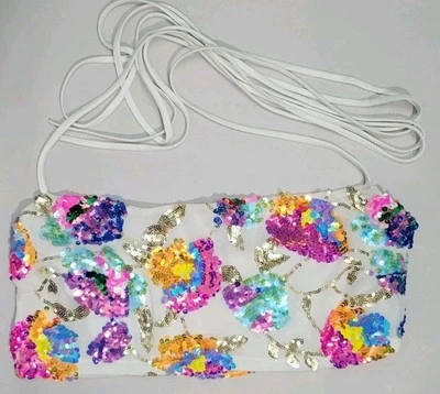 Lucy In The Sky White Sequin Rainbow Floral Bandeau Tie Top Large - Image 1 of 4