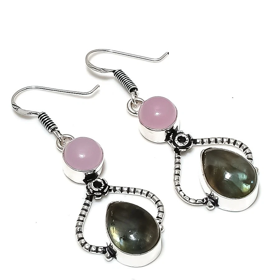 Natural Labradorite Gemstone 925 Sterling Silver Jewelry Earring Size 2" - Image 1 of 1