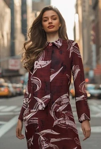 80er Jahre Mondi Escada Seide Print Kleid Größe Large 12 länger Blazer Jacke Set Weinrot - Bild 1 von 17