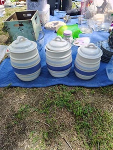 3 Pfaltzgraff Rio Set Lg, Med and Sm Canisters w/ Lids. Retired Set Blue Stripes - Picture 1 of 14