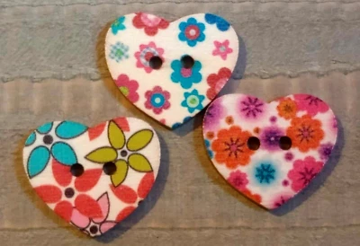 3 Flower Heart Sewing Buttons Crafting Wood 2 Hole  1"  - Image 1 of 2