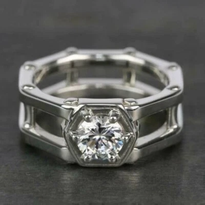 2Ct Simulated Diamond Hexagonal Mens Engagement Ring 14K White Gold Wedding Band - Image 1 of 4