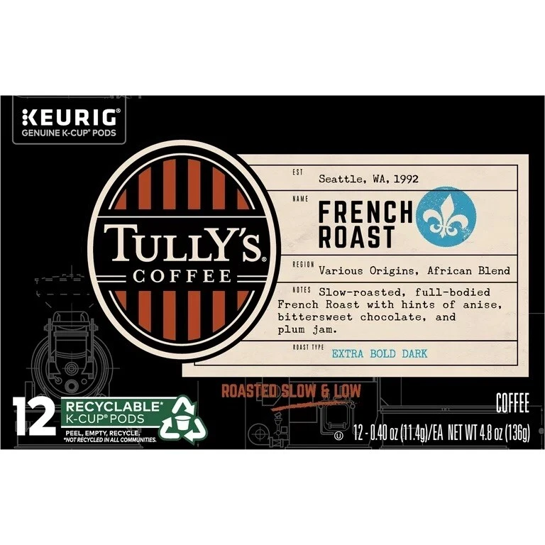Tully's Coffee French Roast Keurig K-Cup Pods, Extra Bold Dark, 12 Count - Image 1 of 1