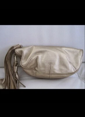 Authentic Sergio Rossi Metallic Gold Leather Tassled Zip Clutch W/wristlet strap - Image 1 of 4
