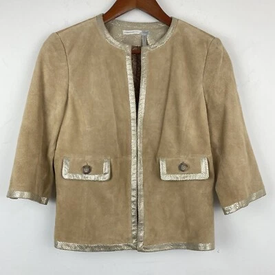 Classiques Entier size Petite Medium Women’s Tan Suede Gold Trim Leather Jacket  - Image 1 of 4