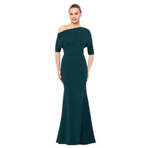 New Betsy & Adam MADELINE Long Scuba Crepe Off Shoulder Dress Teal Blue Womens 8 - Picture 1 of 13