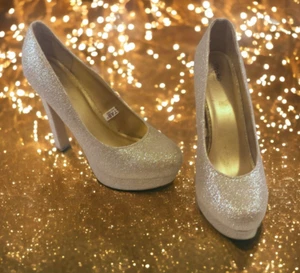 Costume MOSSIMO tg 8,5 plateau tacco oro glitter alto 5 pollici festa capodanno - Foto 1 di 13