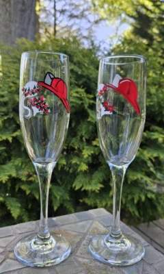 2 Hand Painted Firefighter & Bride Wedding Anniversary Champagne Flutes FREESHIP - Image 1 of 4