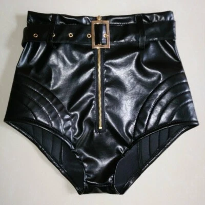 Women Shiny Faux Leather Hot Pants High Waist Shorts Belted Punk Dancewear Chic - Image 1 of 4