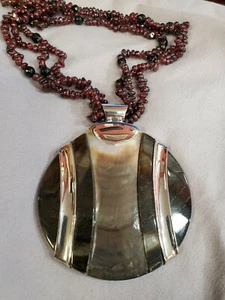 3 Strand 300+ Cts Garnet Beaded Necklace w/Abalone & Sterling Silver Pendant~ - Picture 1 of 6
