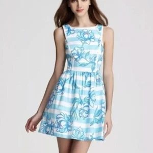 Vestido Lilly Pultizer Sandrine Shorely Blue perlas algodón rayas ajuste y acampanado 2 - Imagen 1 de 5